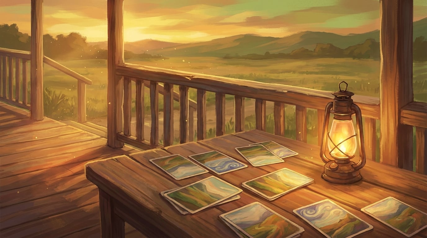 A beginner's cards laid out in rows on a kitchen table in morning light