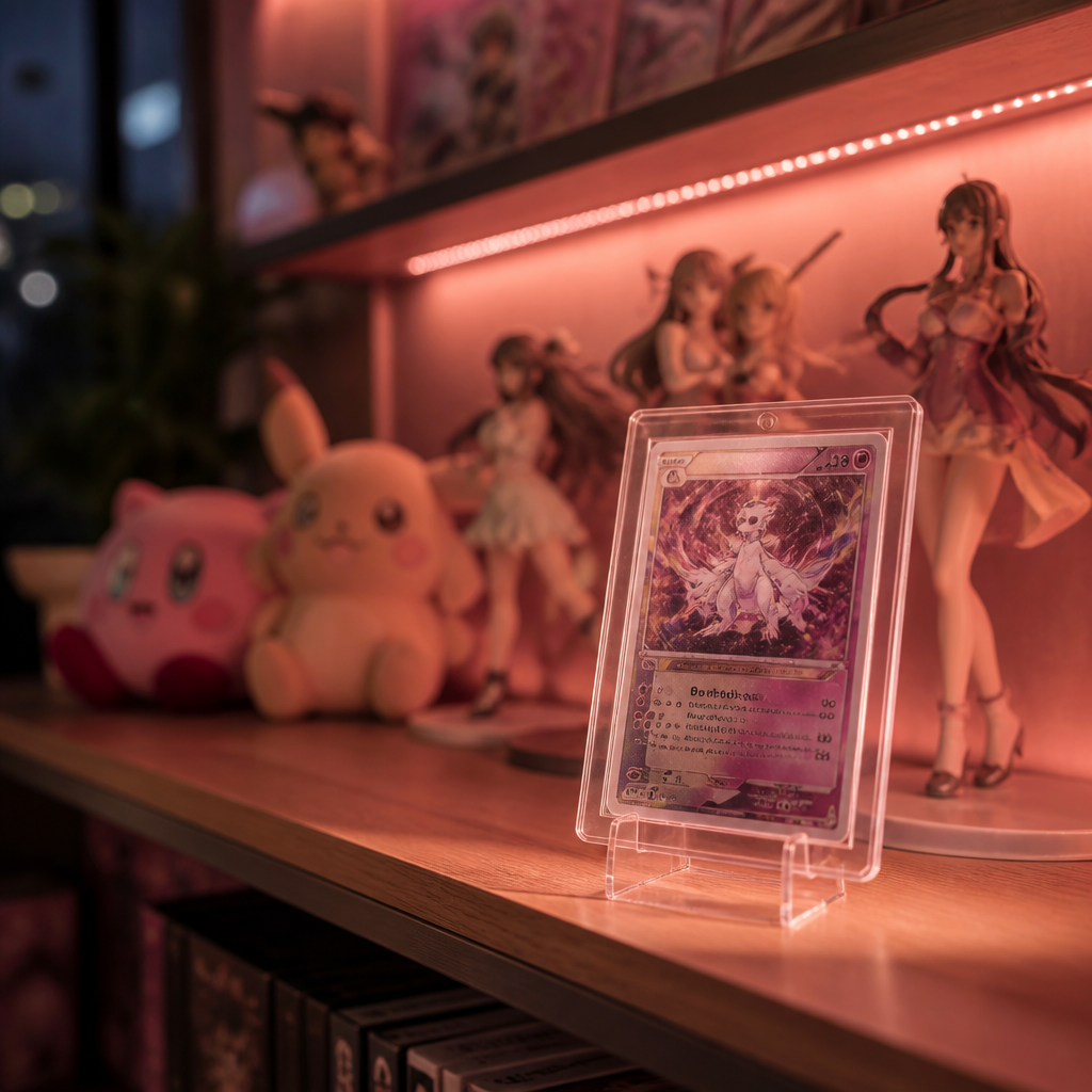 The grail in its one-touch case on Poppy's shelf, pink LED glow