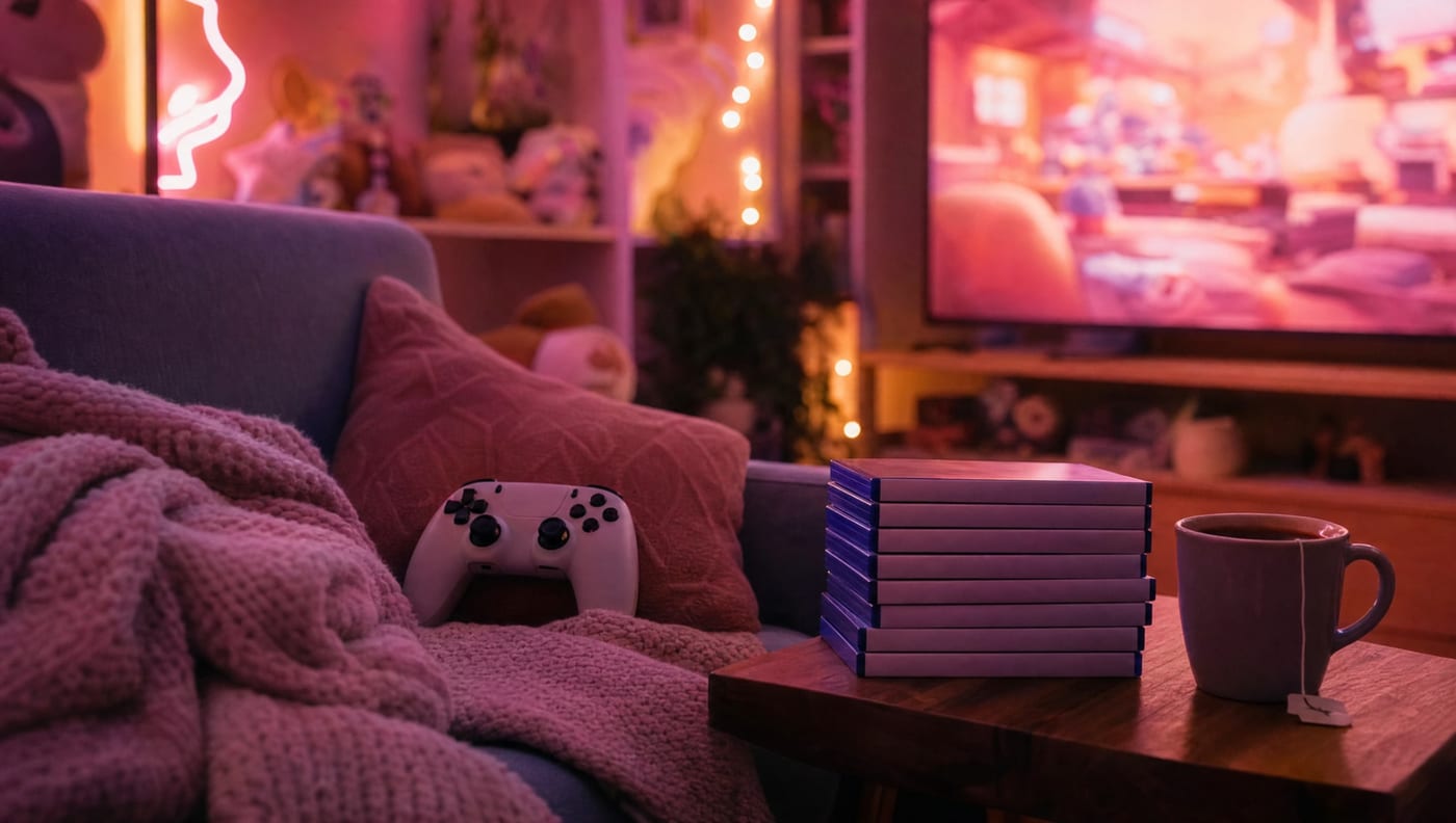 My couch corner: a controller, a blanket and a stack of games waiting