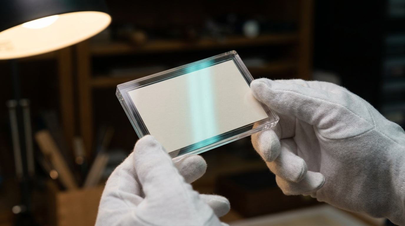 Gloved hands holding a card holder up to a desk lamp to read the label strip
