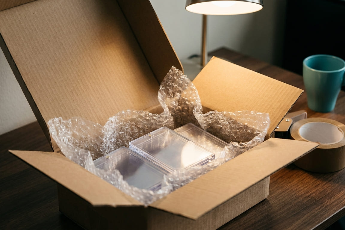 A submission packed out on a lamp-lit desk: an open corrugated box lined with bubble wrap, semi-rigid card holders seated in the well, a sheet of cardboard standing against the flap, and a roll of tape beside the box