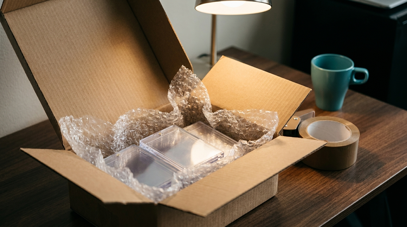 A shipping box packed with protective wrap and card holders