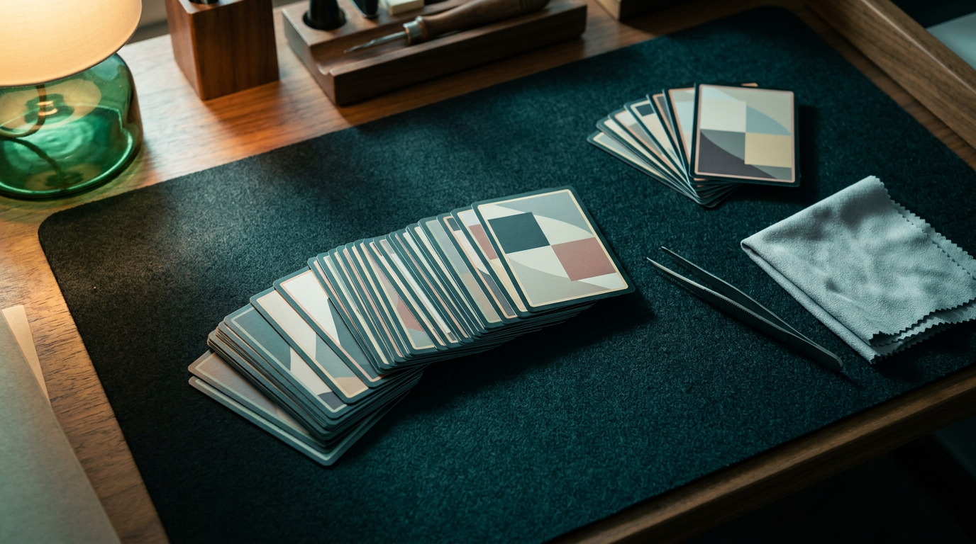 An archivist's desk with cards sorted into two groups