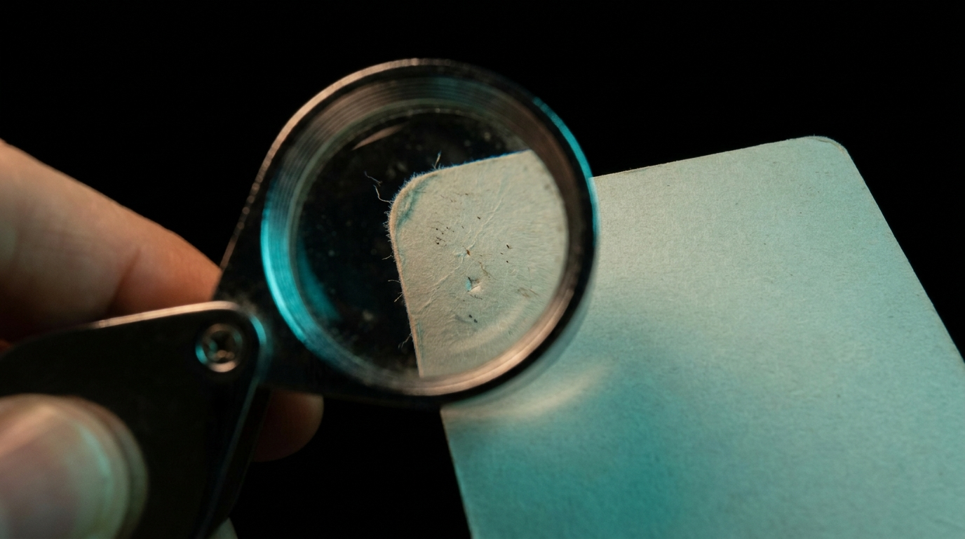 A loupe magnifying the corner of a trading card