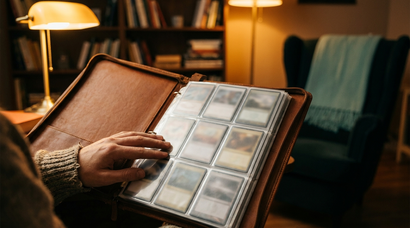 An open binder page of sleeved cards under warm lamplight