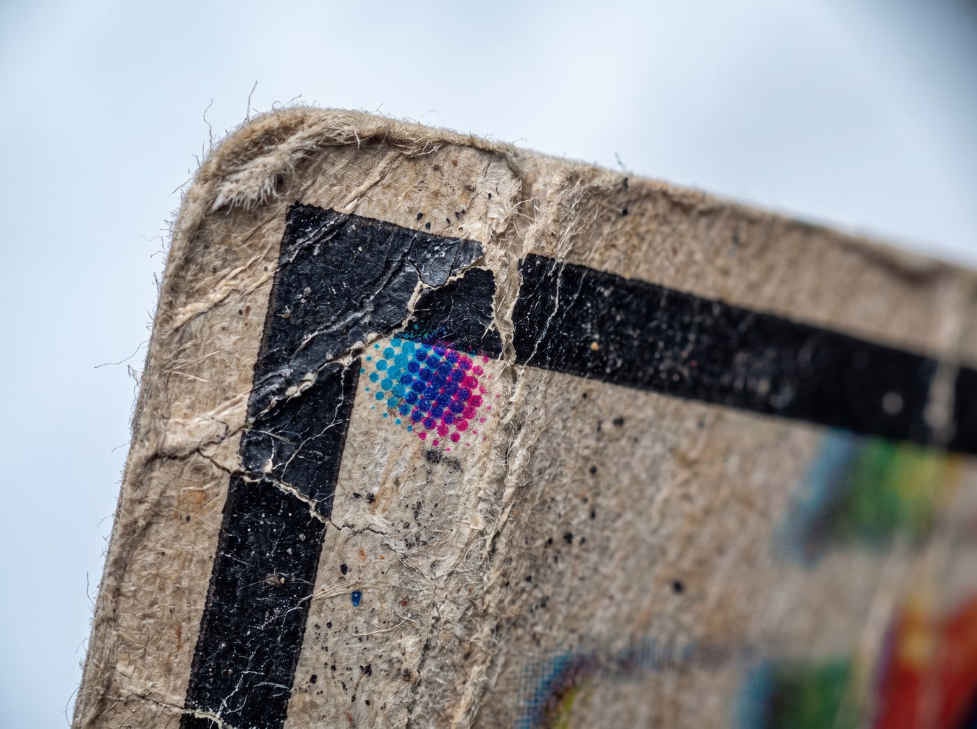 Extreme magnification of one corner of an old trading card: the board has split along its ply and the cut edge has furred into loose fibres, with a rosette of cyan and magenta halftone dots beside it.