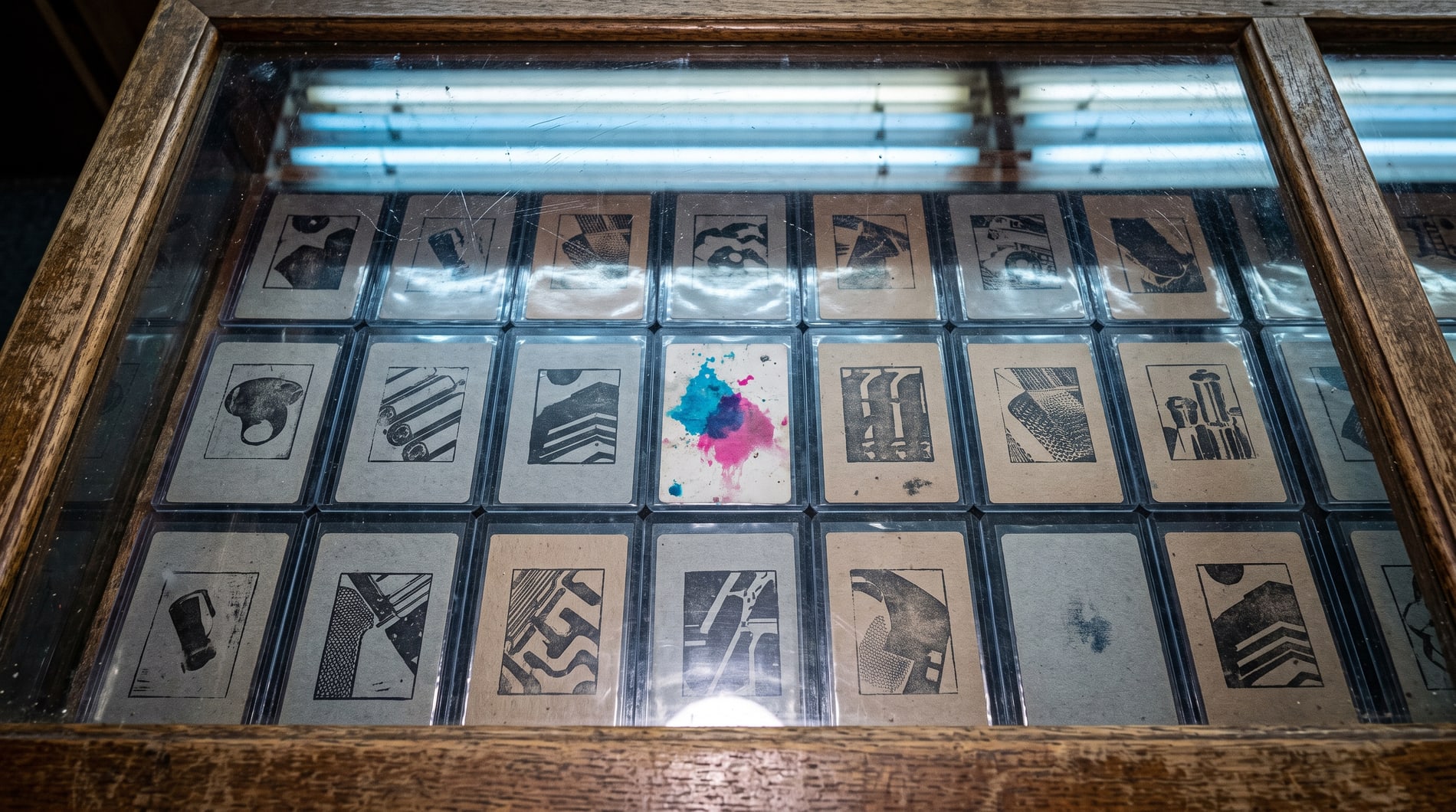 A wooden shop display case photographed from directly above, three rows of sleeved grey trading cards laid out in a grid under fluorescent tubes reflected in the glass, one card in the middle row flaring into cyan and magenta ink.
