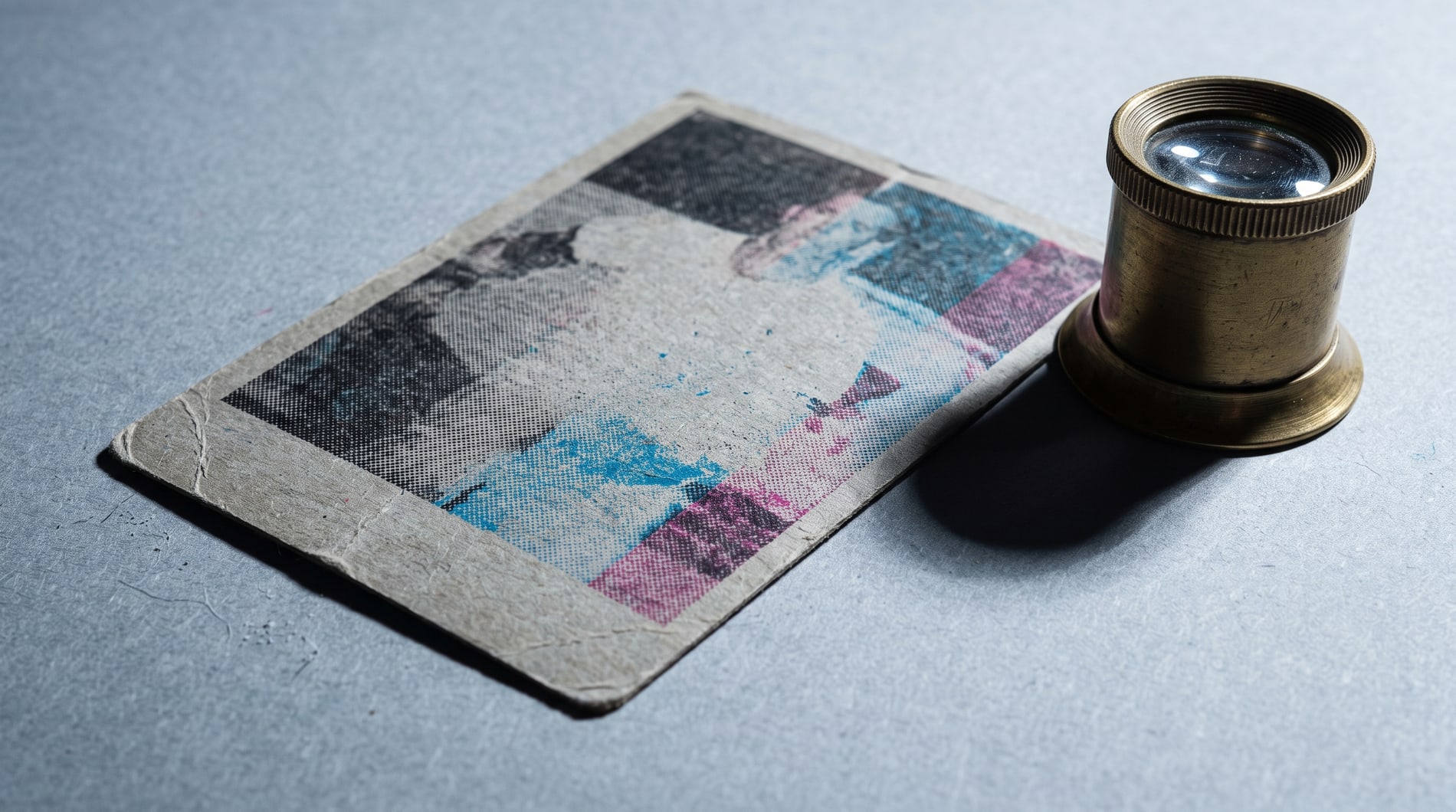 A single old trading card lying alone on a grey sheet under hard raking flash, its printed halftone breaking up into cyan and magenta, a heavy brass loupe standing beside it.