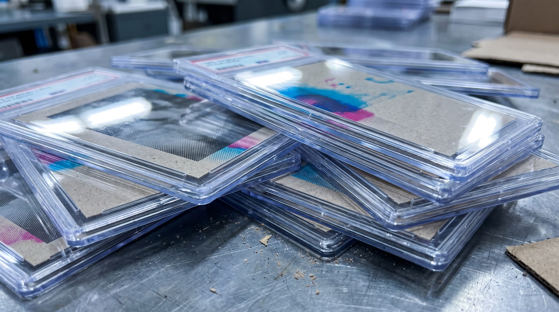 A loose pile of graded card slabs overlapping on a scratched grey steel bench, the hard plastic catching long white reflections from overhead tubes.