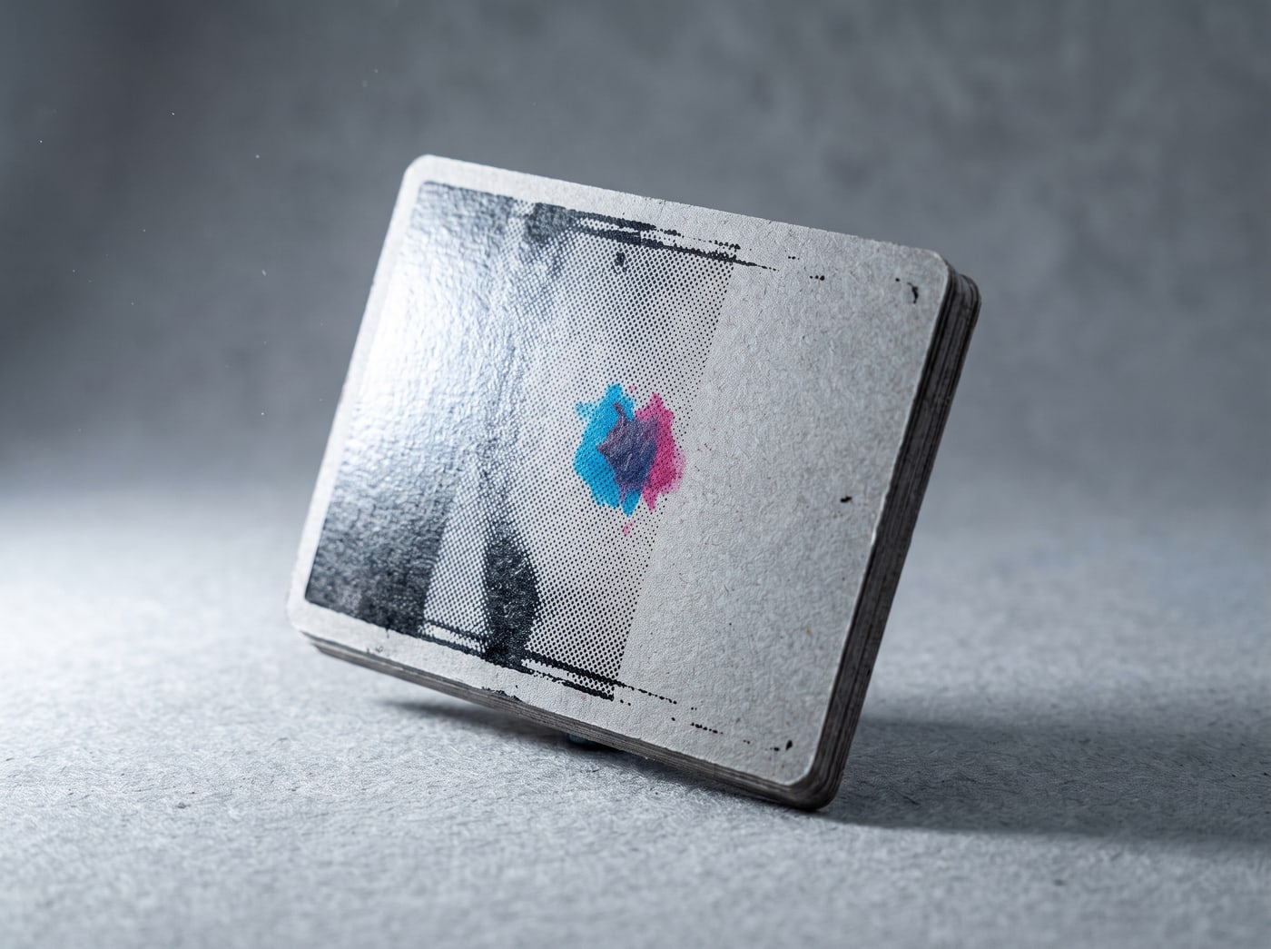 A single trading card standing on its edge under a bare lamp, half its face flaring white and the other half falling to flat matte grey.