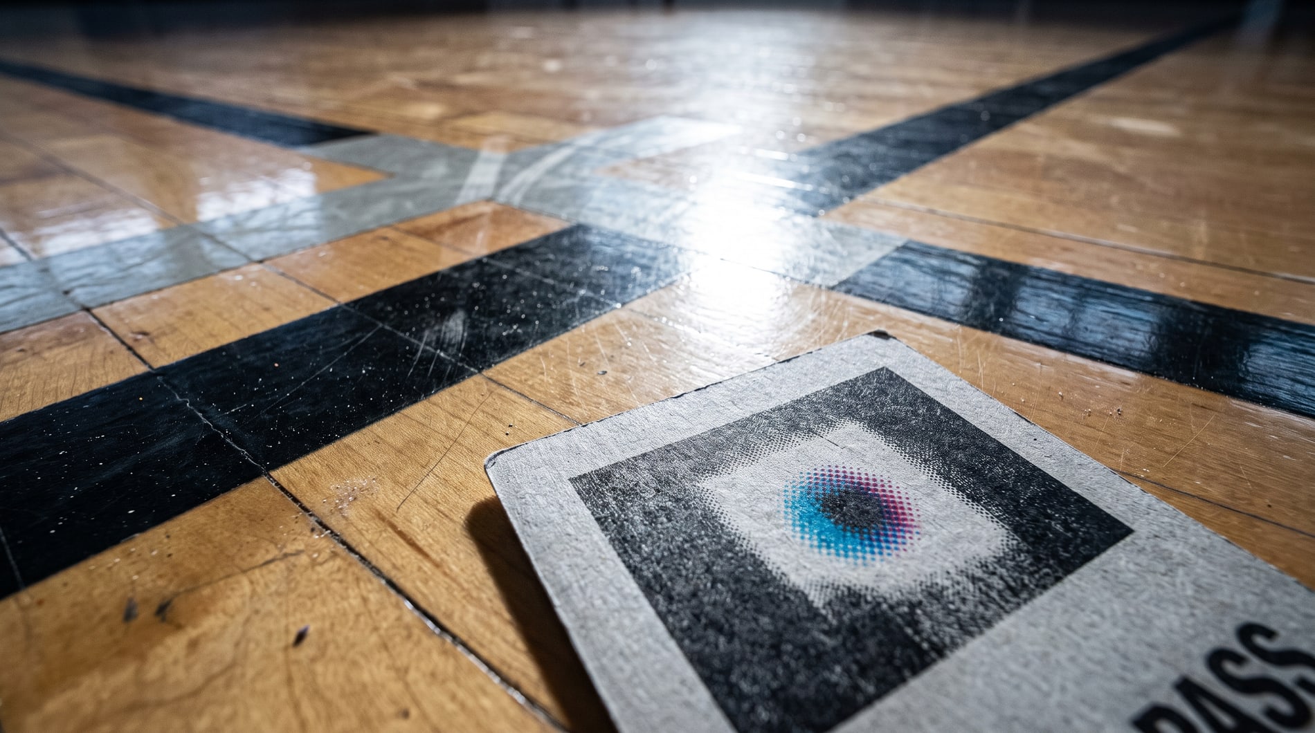 Polished arena flooring raking away under a hard overhead pool of light, painted lines crossing, a single grey card lying face up at the edge of the frame.