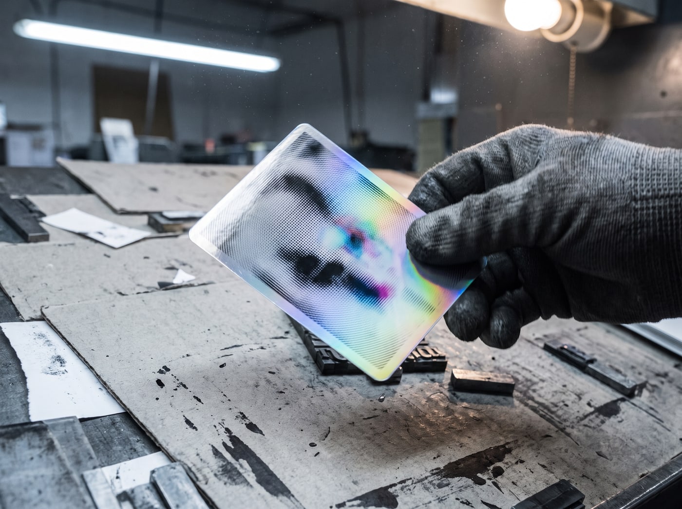 A gloved hand tilting a glossy card under a workshop lamp, a band of rainbow sliding across its printed surface.
