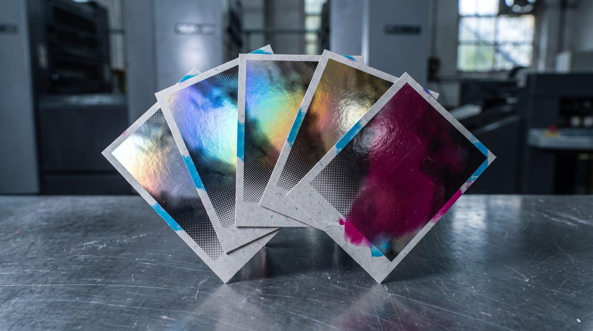 Five glossy trading cards fanned in a tight arc on a scratched steel bench in a print hall, each one throwing a different colour off its surface.