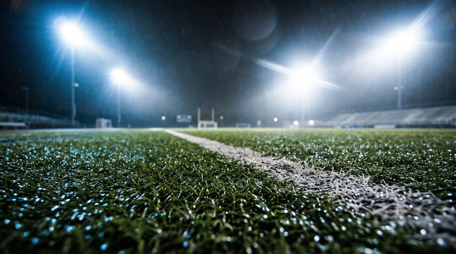 Wet floodlit turf photographed at ground level at night, a painted line running away into a blue-white blowout, the stands empty.
