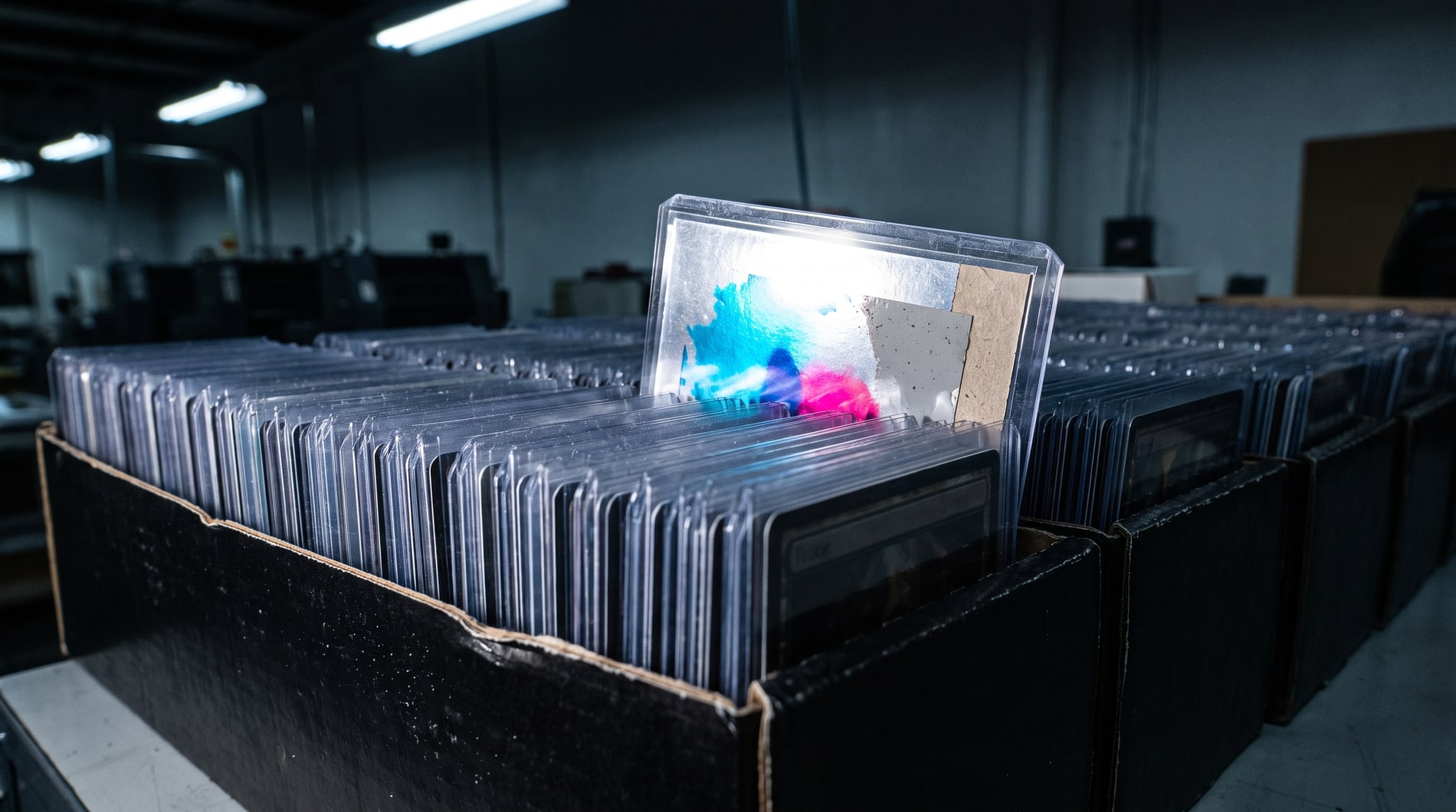 Sleeved trading cards standing upright in a black storage box in a cold room, one raised proud of the row and catching colour off the ceiling light.