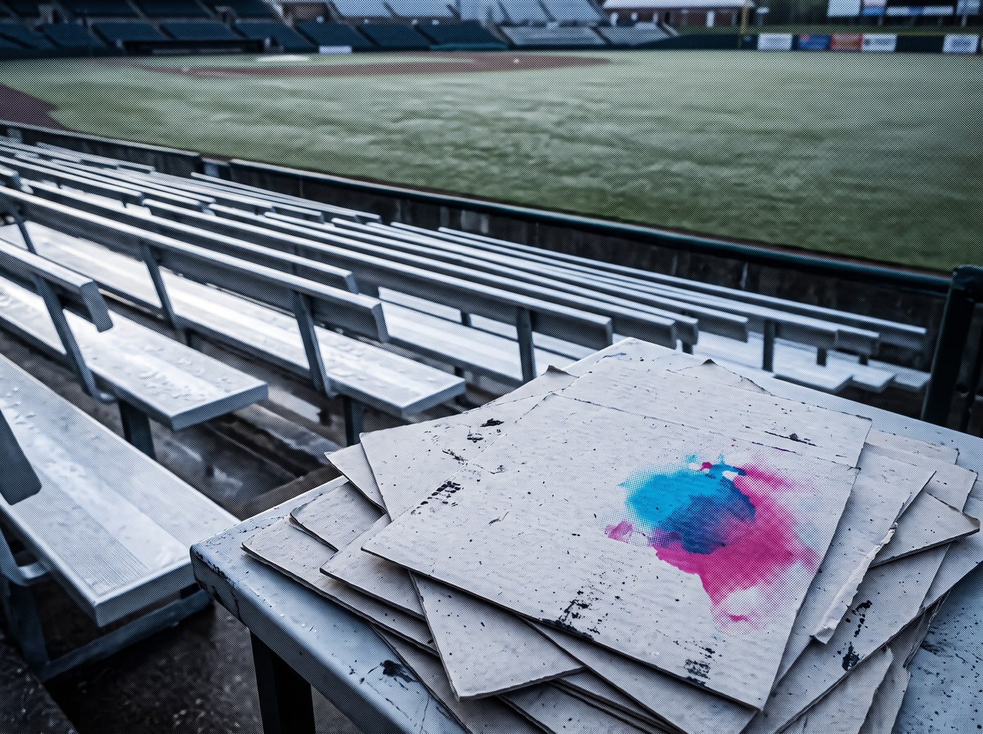 A minor-league ballpark at dawn, empty aluminium bleachers under flat cold light, a stack of blank grey card stock on a rail with one cyan and magenta ink bloom across it.