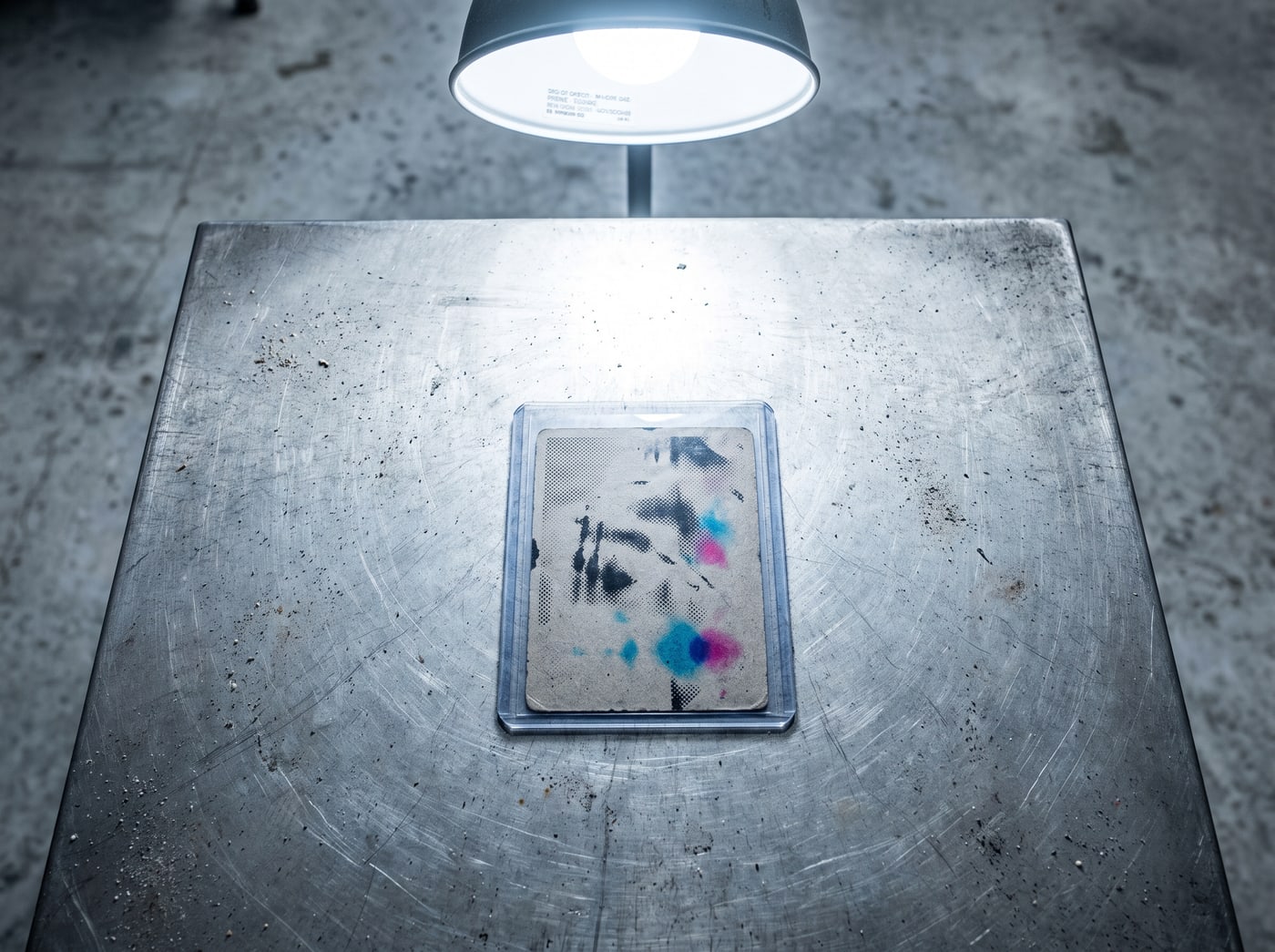 One sleeved card alone in the centre of an enormous empty grey steel table under a single hanging lamp.