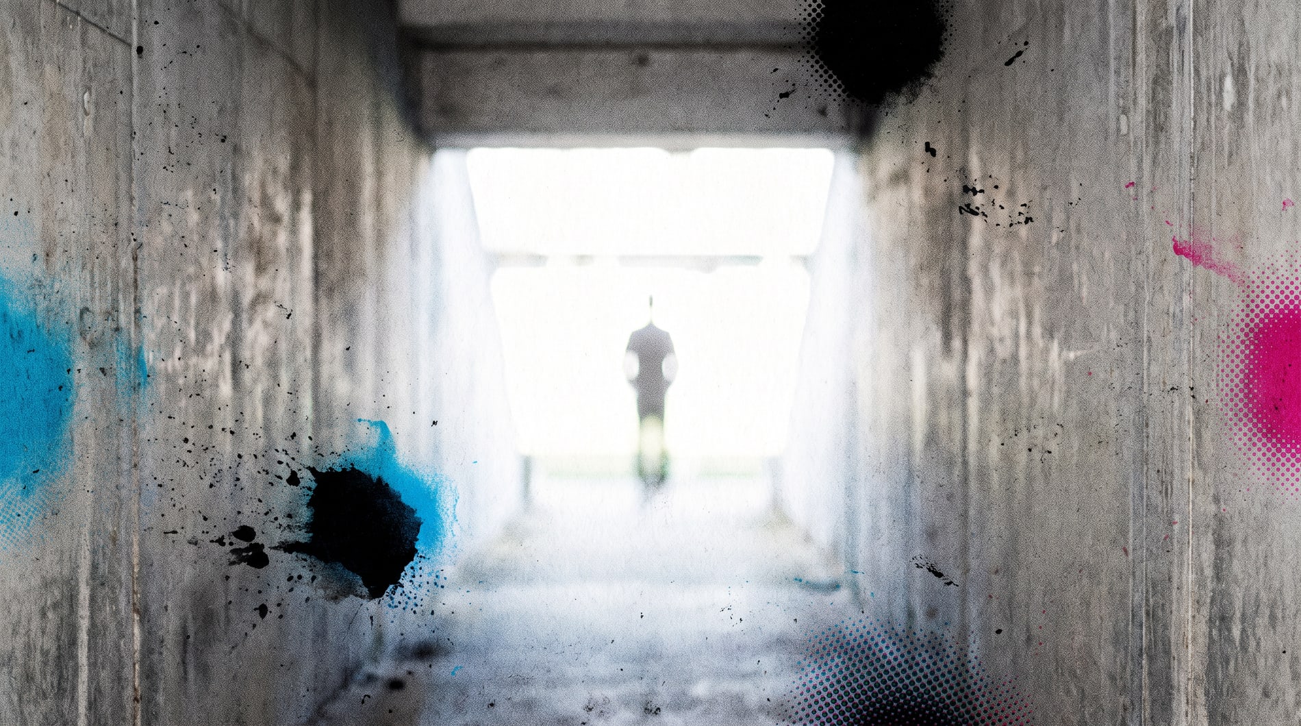 The mouth of a concrete stadium tunnel looking out into blinding daylight, one distant motion-blurred silhouette walking out, cyan and magenta ink marks on the tunnel walls.