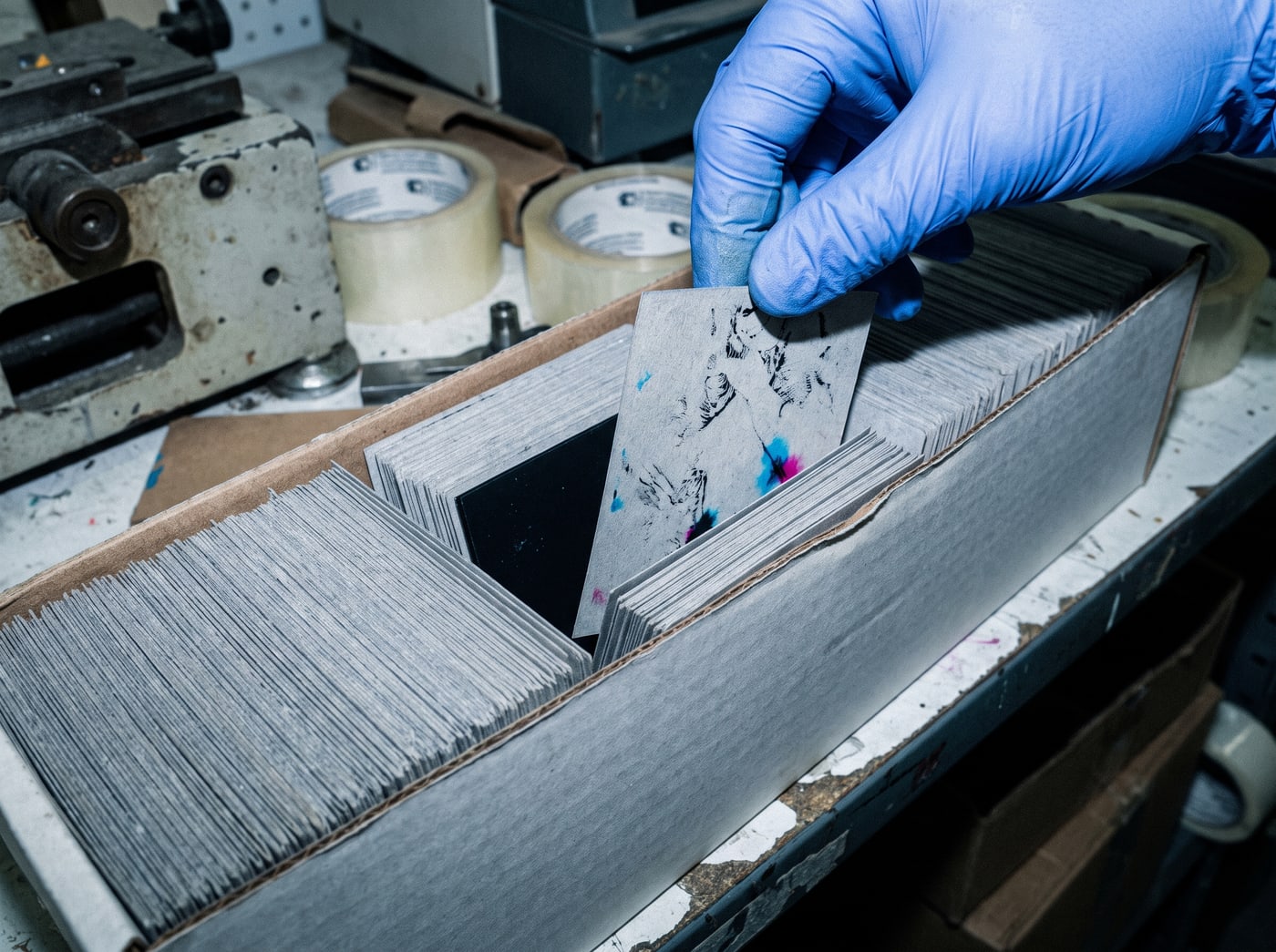 A gloved hand sliding one grey card up out of a tight row inside a long storage box, leaving an open gap where it came from.