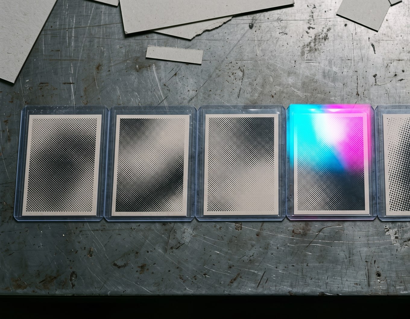 A row of sleeved grey trading cards laid on a scratched steel bench, every one of them a blank halftone screen except the one at the right, which is lit from inside in cyan and magenta.