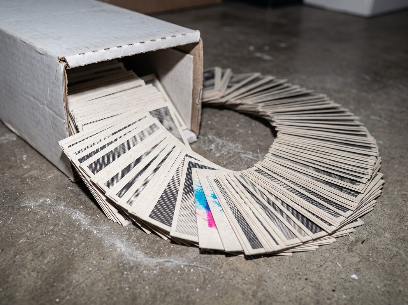 A box of unsorted grey trading cards tipped onto a concrete floor, spilling out in a long fan, one card in the arc printed in cyan and magenta.