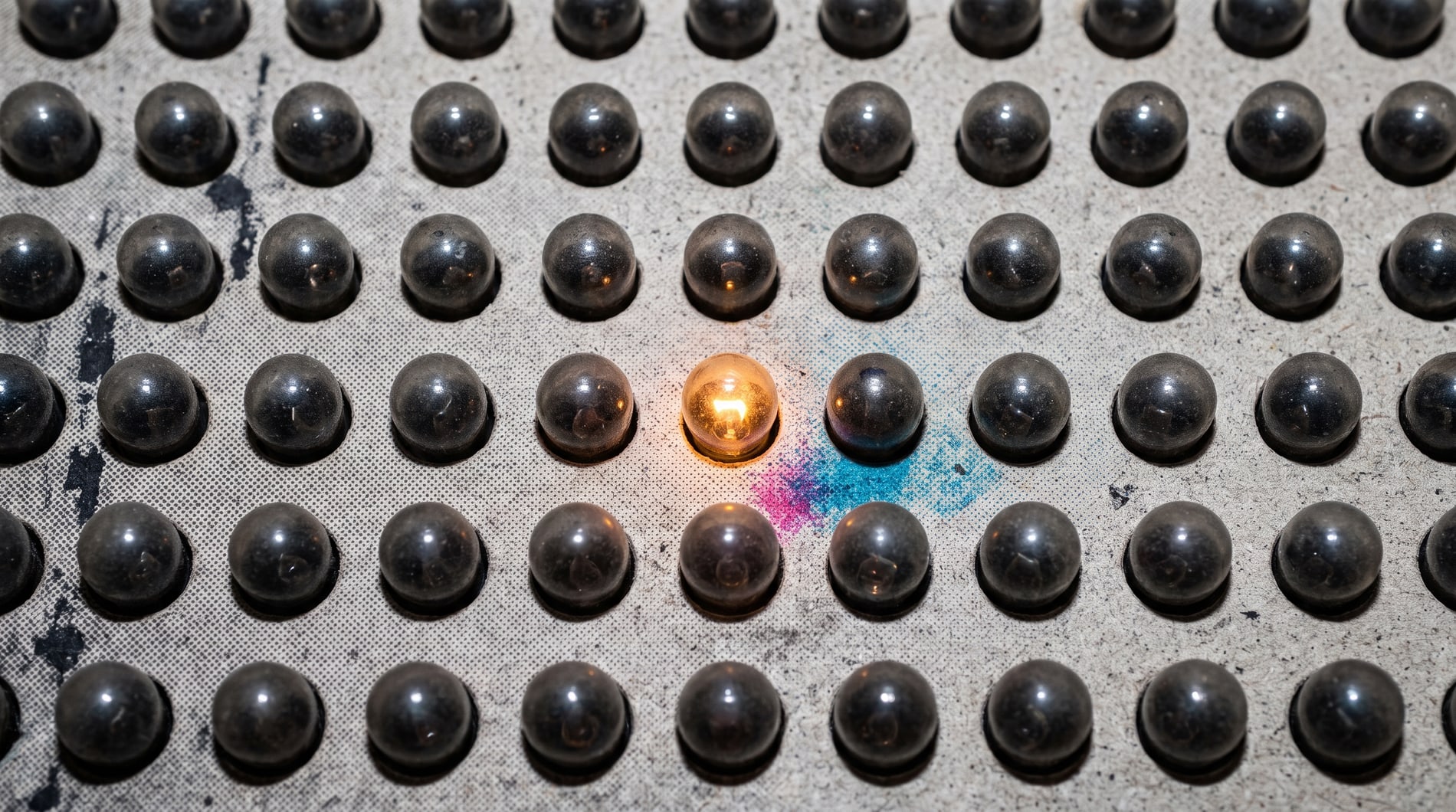 A close view of a scoreboard bulb array switched off, rows of dark glass domes on a speckled panel, one single bulb lit amber near the centre.