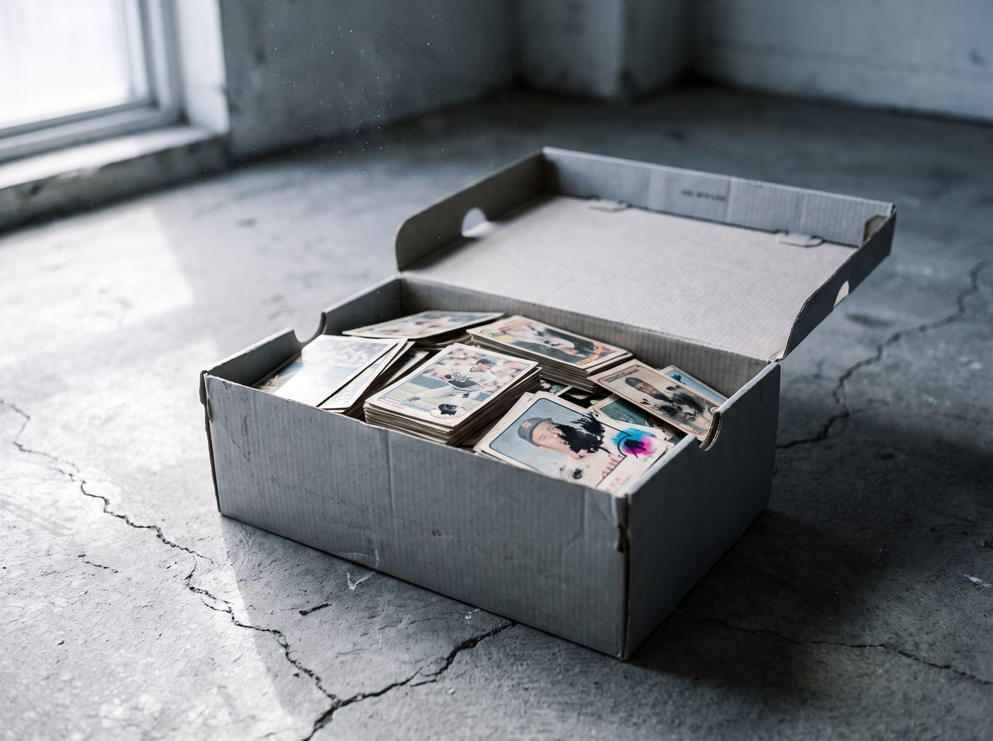 A battered shoebox of old sports trading cards on a concrete floor, corners furred from handling, hard window light and dust in the air.