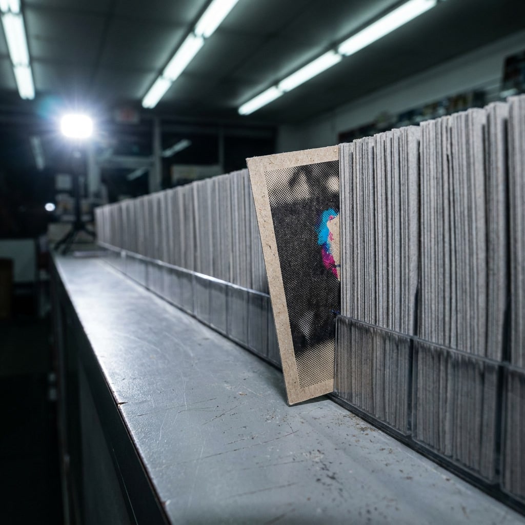 A grey shop counter under fluorescent tubes, rows of sleeved trading cards upright in a track, one pulled forward out of line.