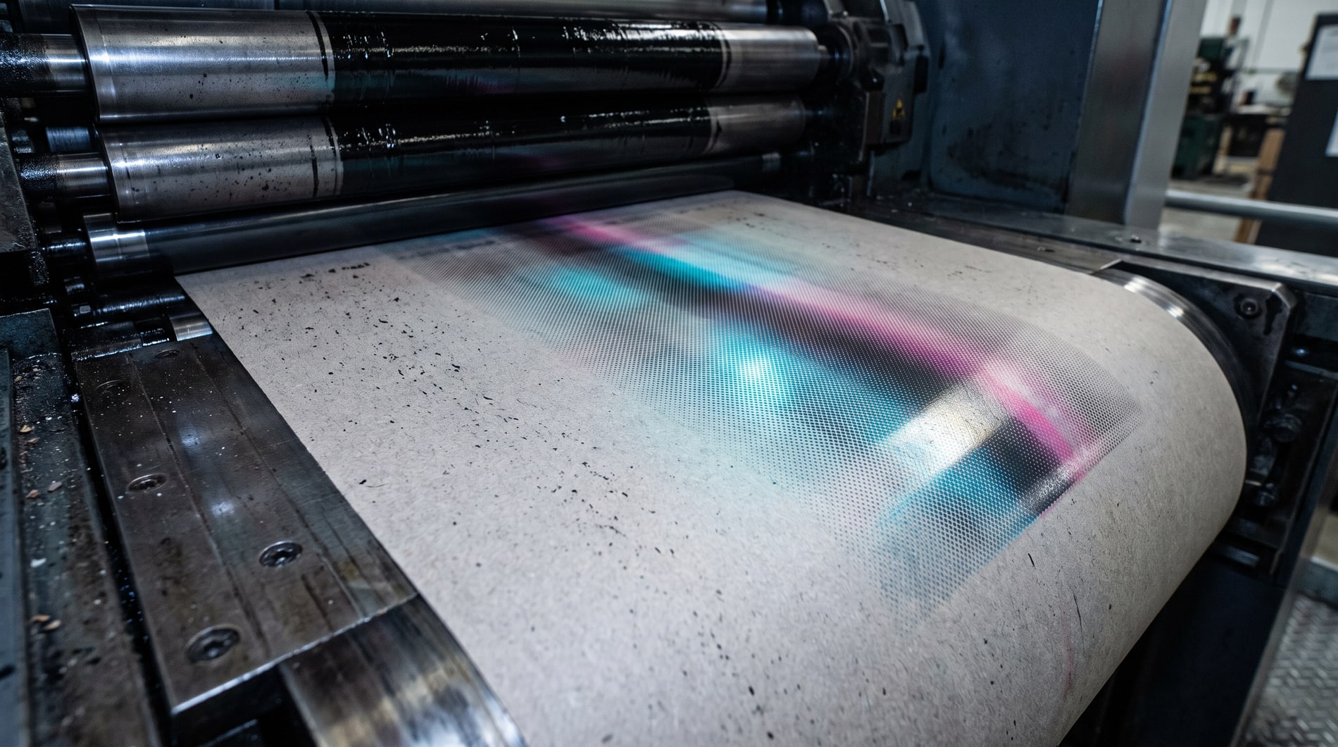 A long uncut run of blank trading cards on a press bed, raw grey cardboard under steel ink rollers, one band across the middle flaring into cyan and magenta.