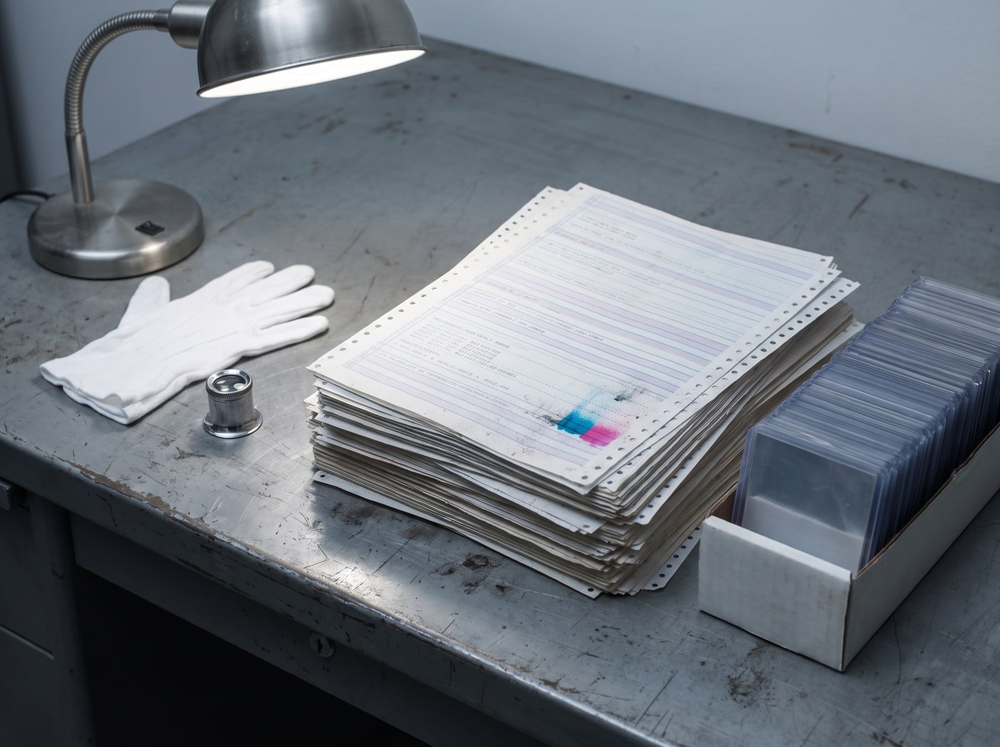 A grey steel desk under a swan-neck lamp: cotton gloves, a loupe, a stack of ruled printout paper and a squared block of sleeved cards.