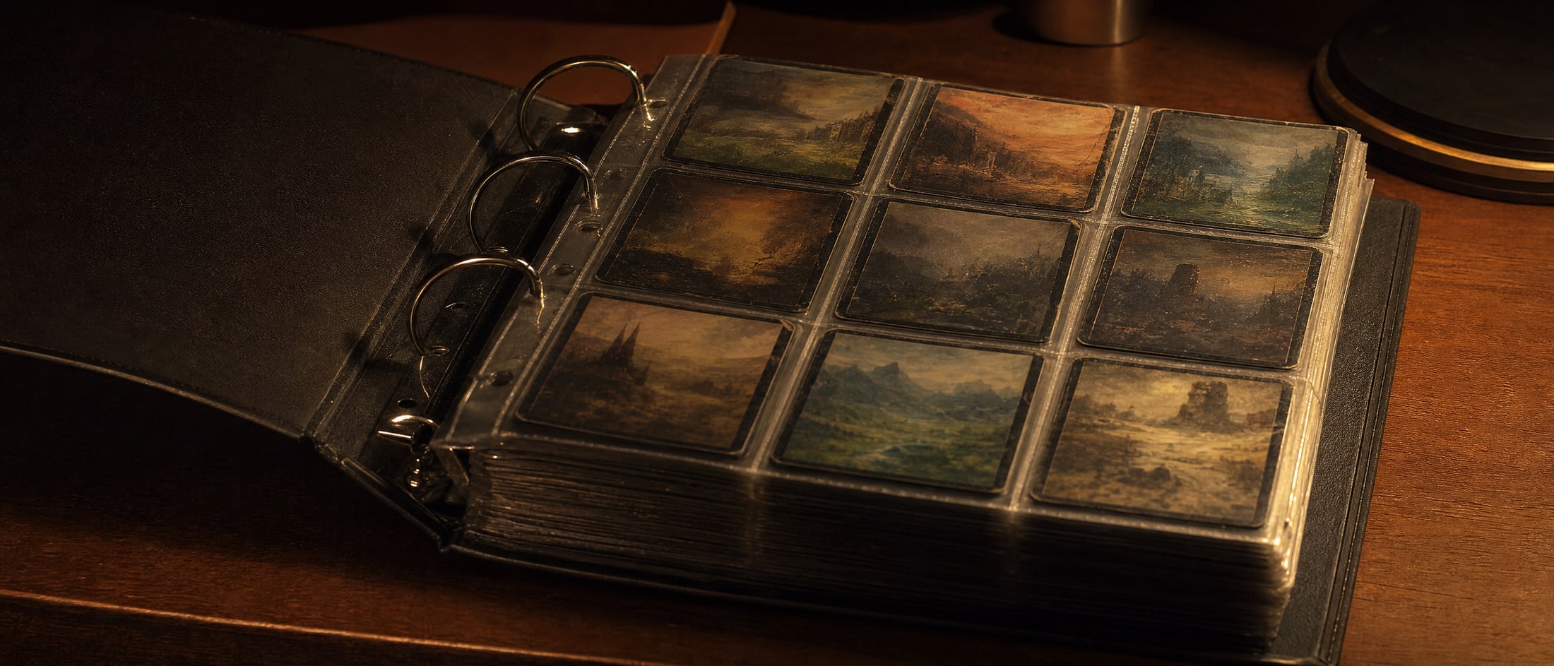 A heavy ring binder lying open on a desk under warm light, its pages holding rows of sleeved cards in nine-pocket sheets, photographed low so the spine, the rings and the weight of the closed half are all visible.