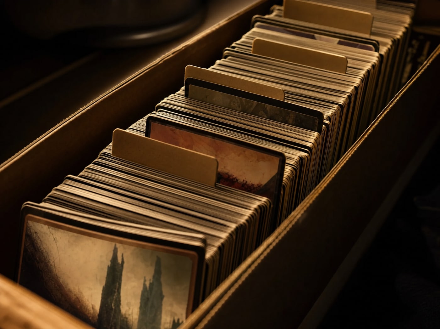 A long cardboard storage box packed tight with upright cards seen from above, dividers standing between blocks.
