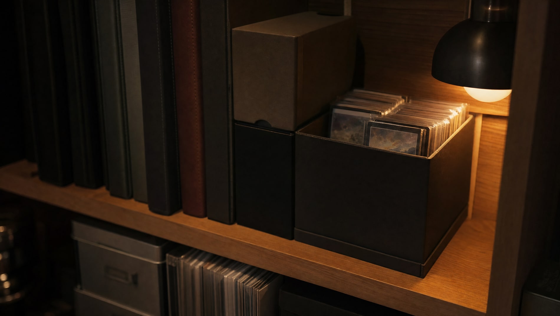 A dim room with a shelf of binders and cardboard storage boxes standing upright in a row, a warm lamp at one end, everything squared and ordered.
