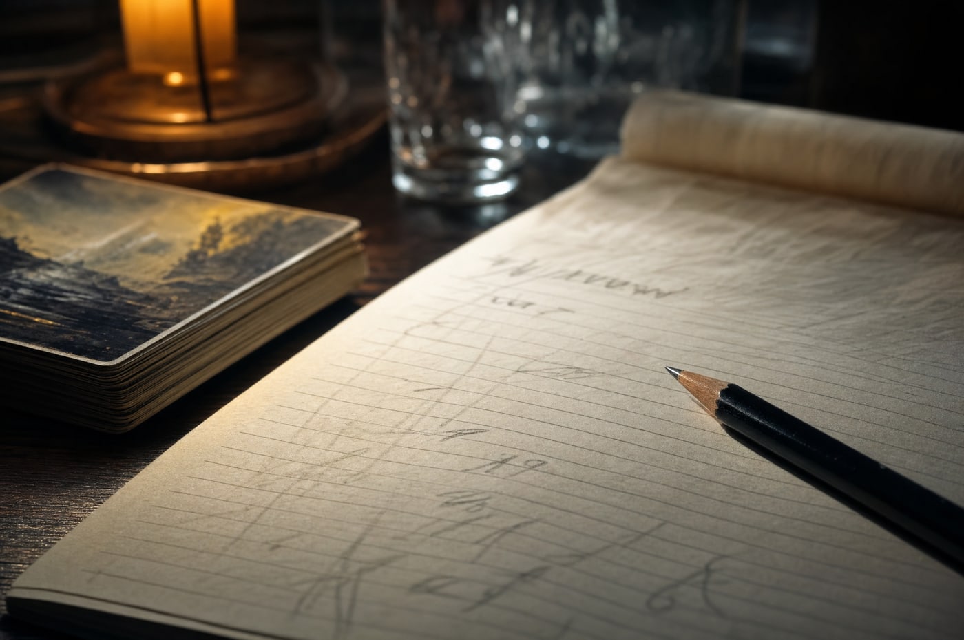 A close view of a lamp-lit notepad with ruled lines and pencil marks, none of the writing legible.