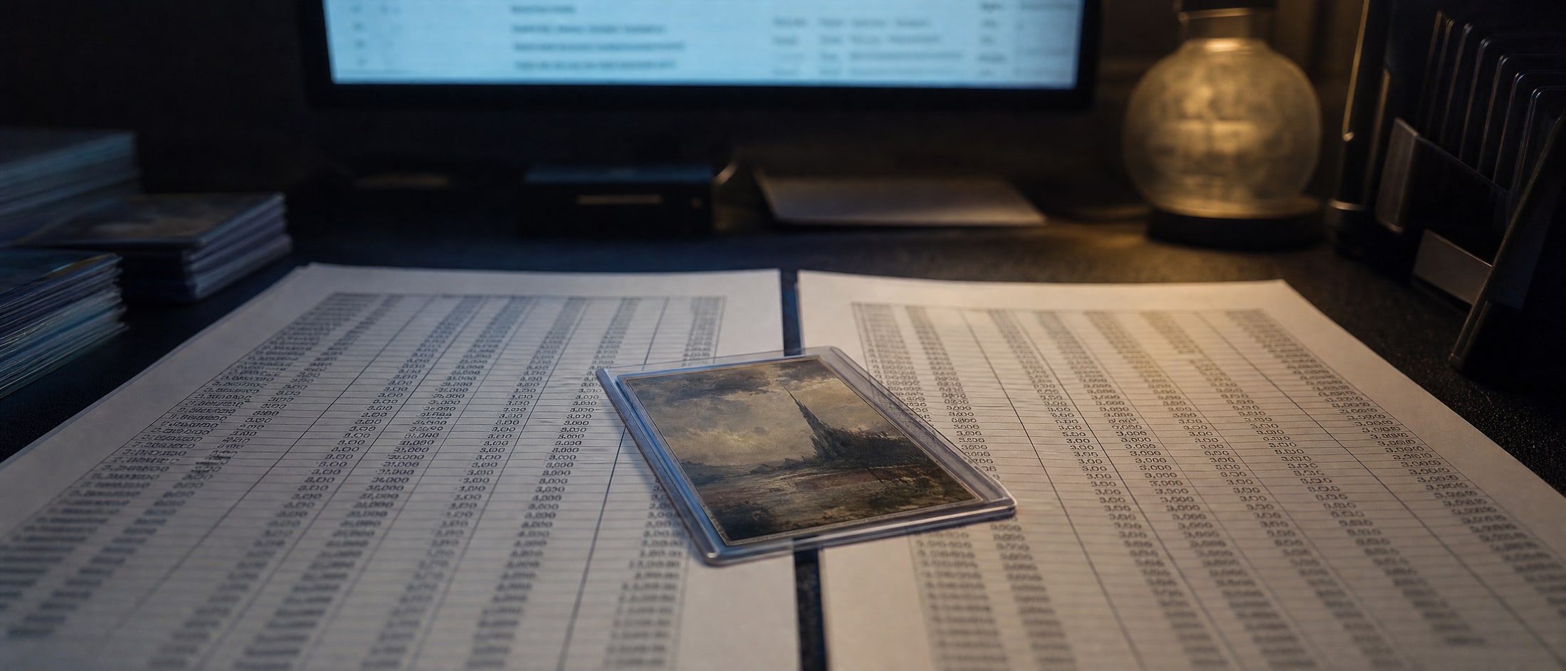 A desk at night with two printed price sheets lying side by side under a lamp, a sleeved card resting across the gap between them and a cold monitor glowing behind.
