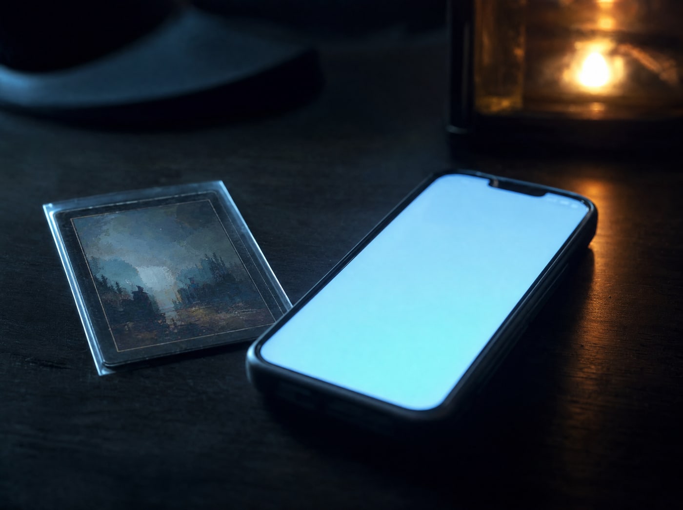 A phone lying face up on a dark desk showing a cold blank blue-white screen, a sleeved card beside it.