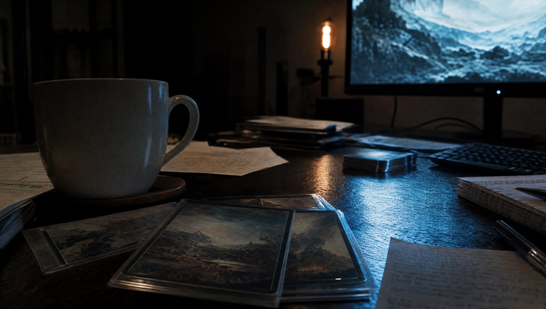 A wide night desk lit by monitor glow and one warm lamp, with paper, a few sleeved cards and a mug.