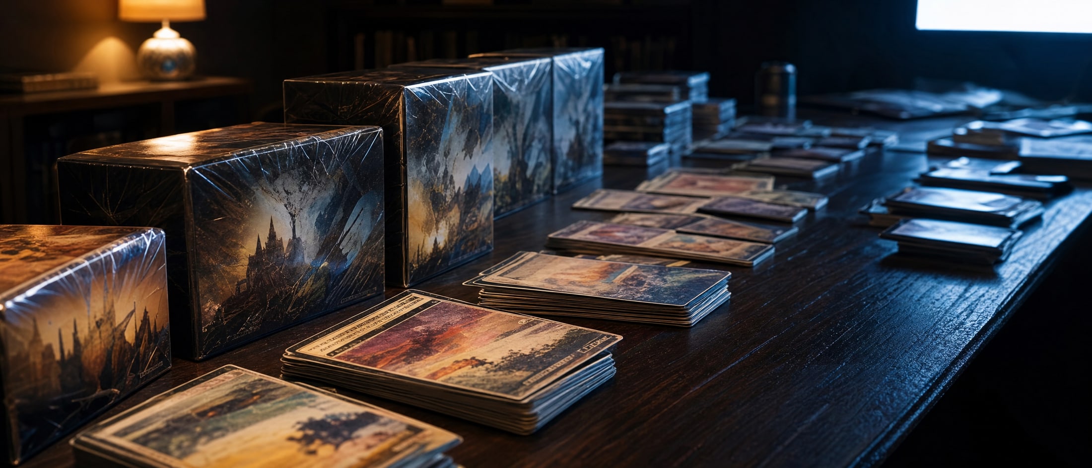 A long dark table with sealed booster boxes and loose cards spread along it, the far end lit cold and the near end warm, so the same objects read differently at each end of the frame.