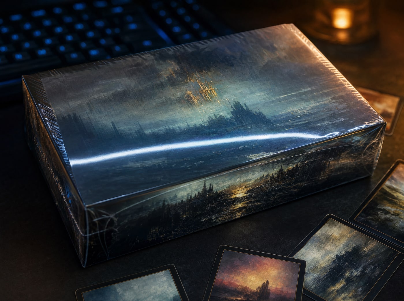 A sealed booster box seen at an angle, its shrink wrap catching a long hard highlight.