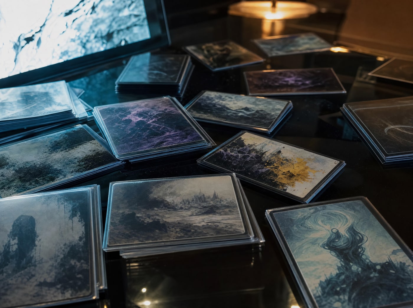 A loose scatter of sleeved cards across dark glass, some face up carrying invented abstract art and some face down.