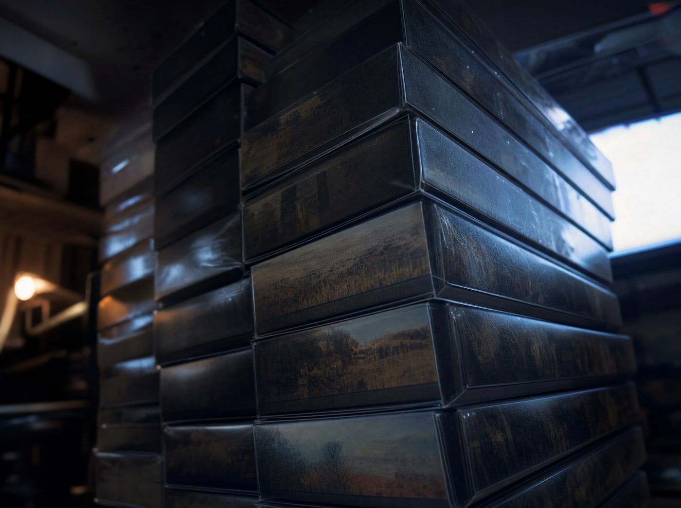 A tall stack of sealed product boxes rising out of frame, shot from low against cold light.