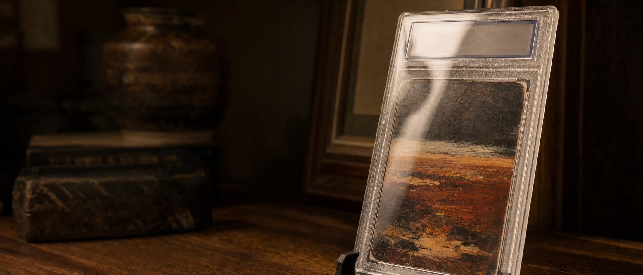 A graded card in a sealed rigid plastic slab standing in a display stand on a shelf, lit from a window off frame so a long soft reflection runs across the slab and the card sits slightly behind the plastic.