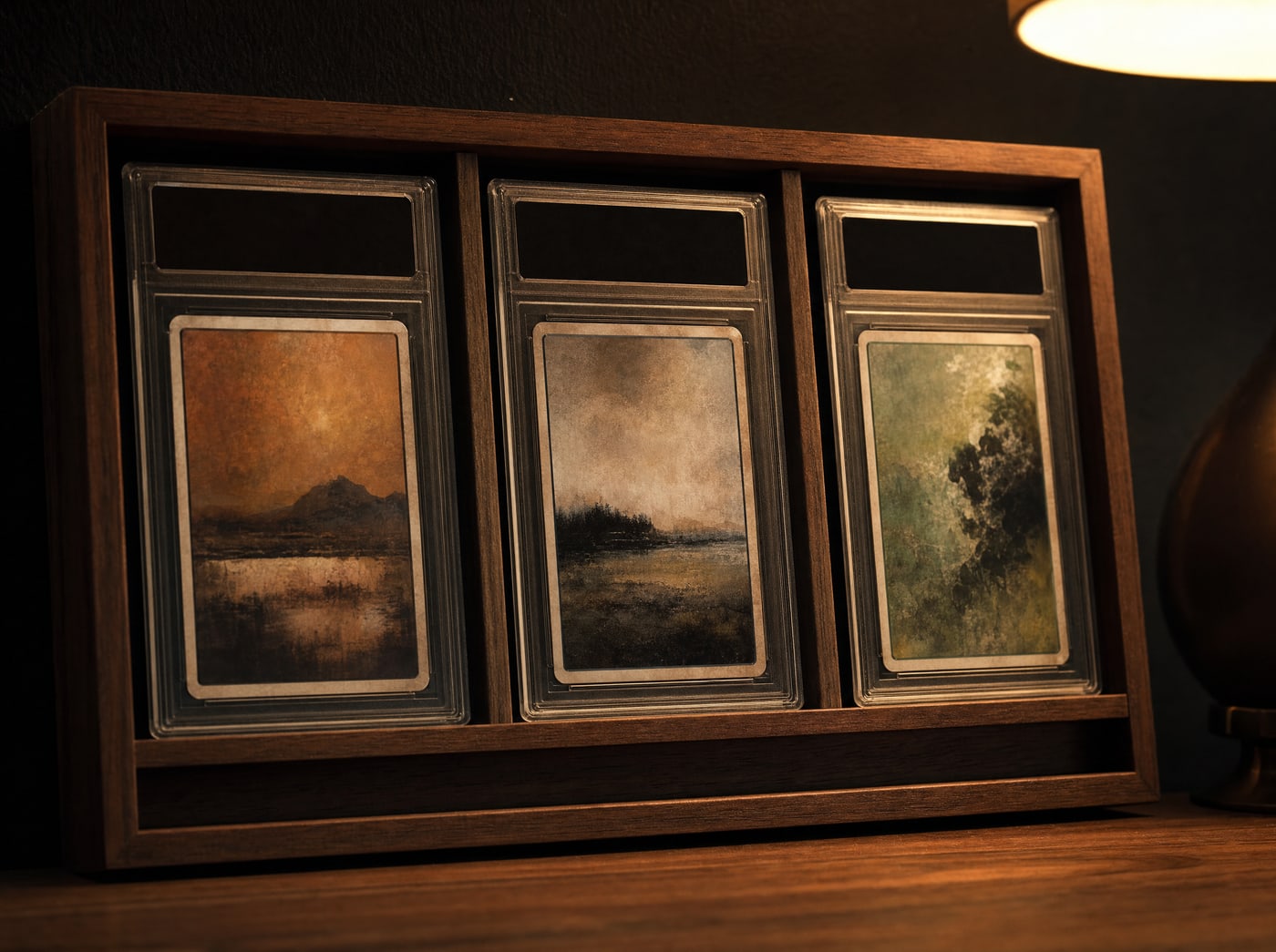 Three slabbed cards standing in a row in a wooden display frame mounted on a dark wall.