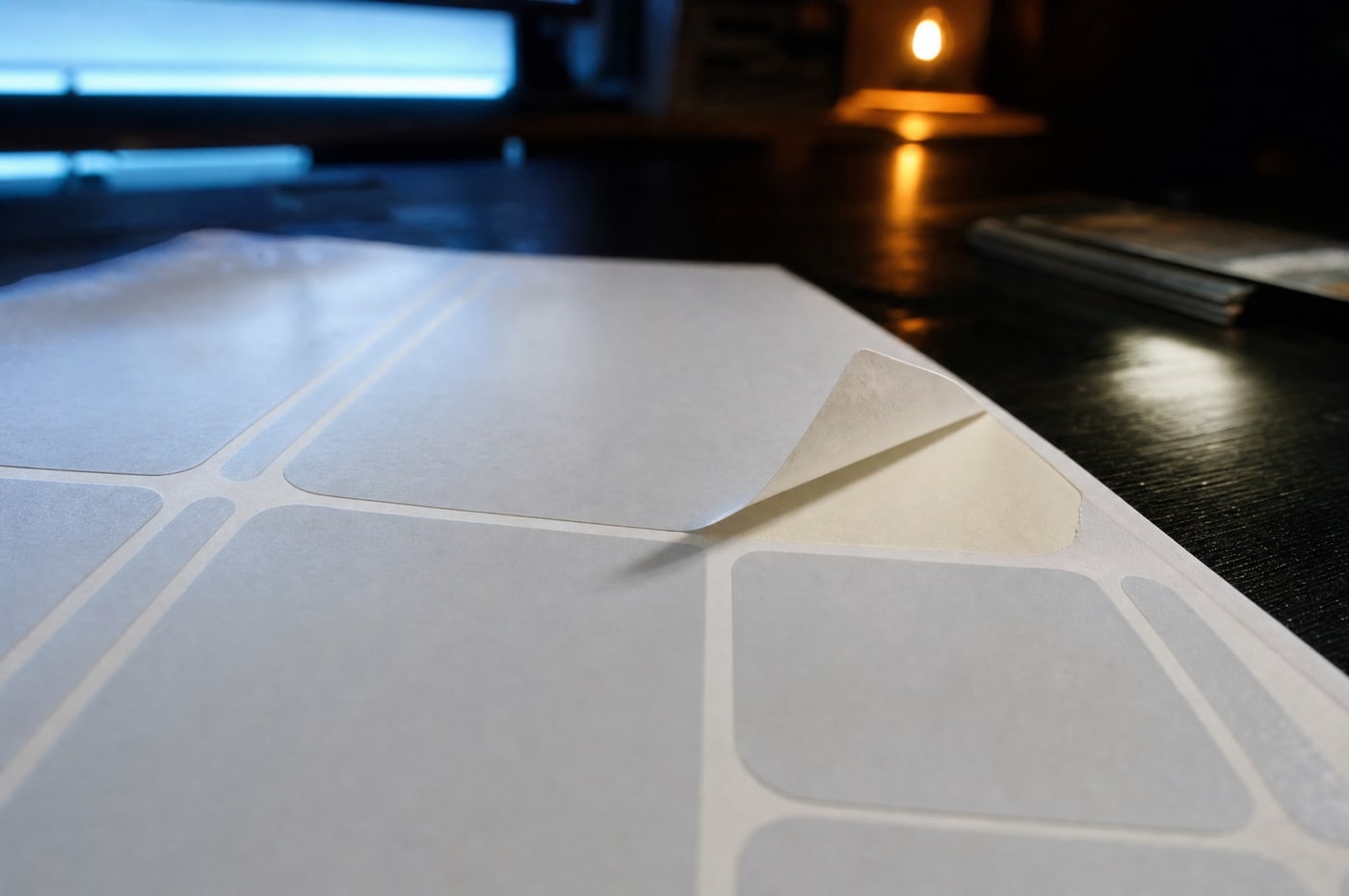 A close view of a printed label sheet with the backing peeled at one corner, carrying no text.