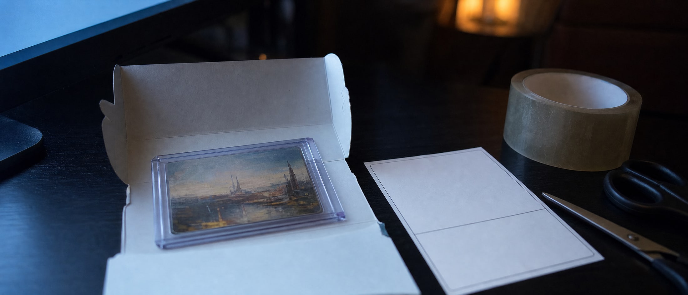 A small parcel being prepared on a dark desk: an open rigid mailer with a sleeved and toploaded card inside, a blank shipping label, packing tape and scissors, lit cold from one side.