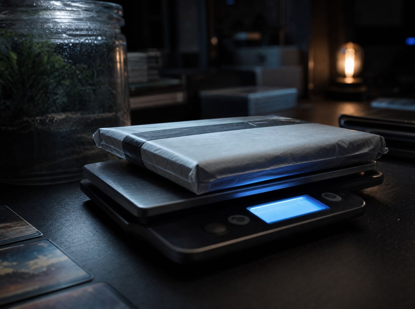 A postal scale on a dark desk with a small package resting on it, its display glowing but unreadable.