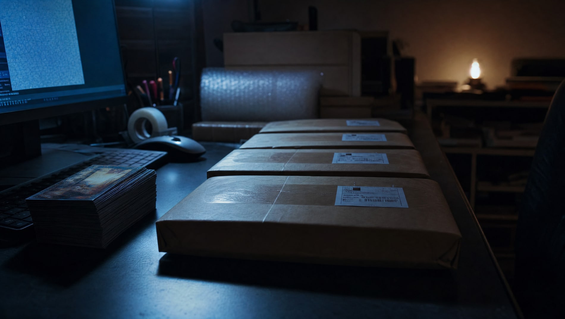 A wide desk scene of outgoing parcels lined up ready to go under cold light at night.