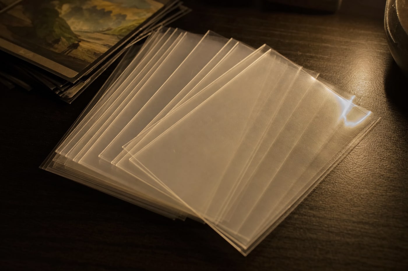 A stack of a dozen empty card sleeves fanned slightly on a desk, translucent and layered, warm light raking across them.