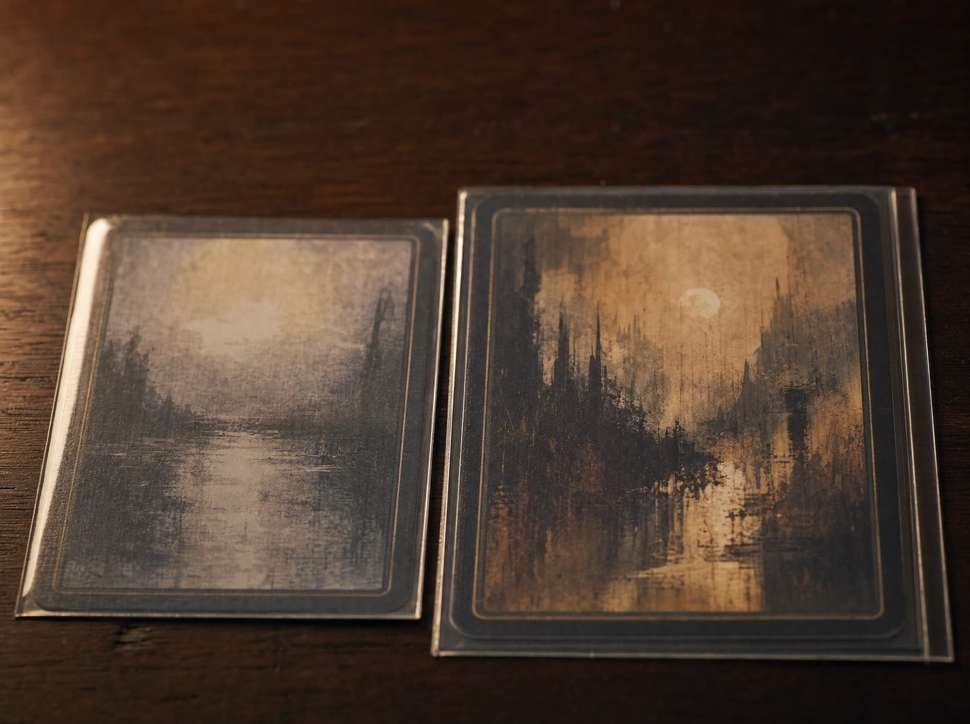 Two card sleeves lying side by side on dark wood, one visibly a fraction wider than the other.