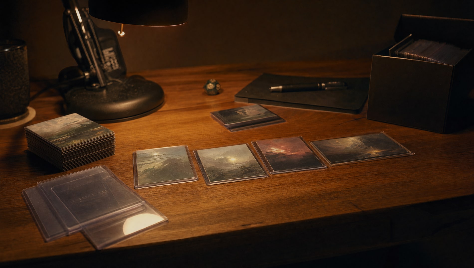 A night desk lit by one lamp with sleeves, rigid toploaders and a small stack of cards laid out in the order they are used.
